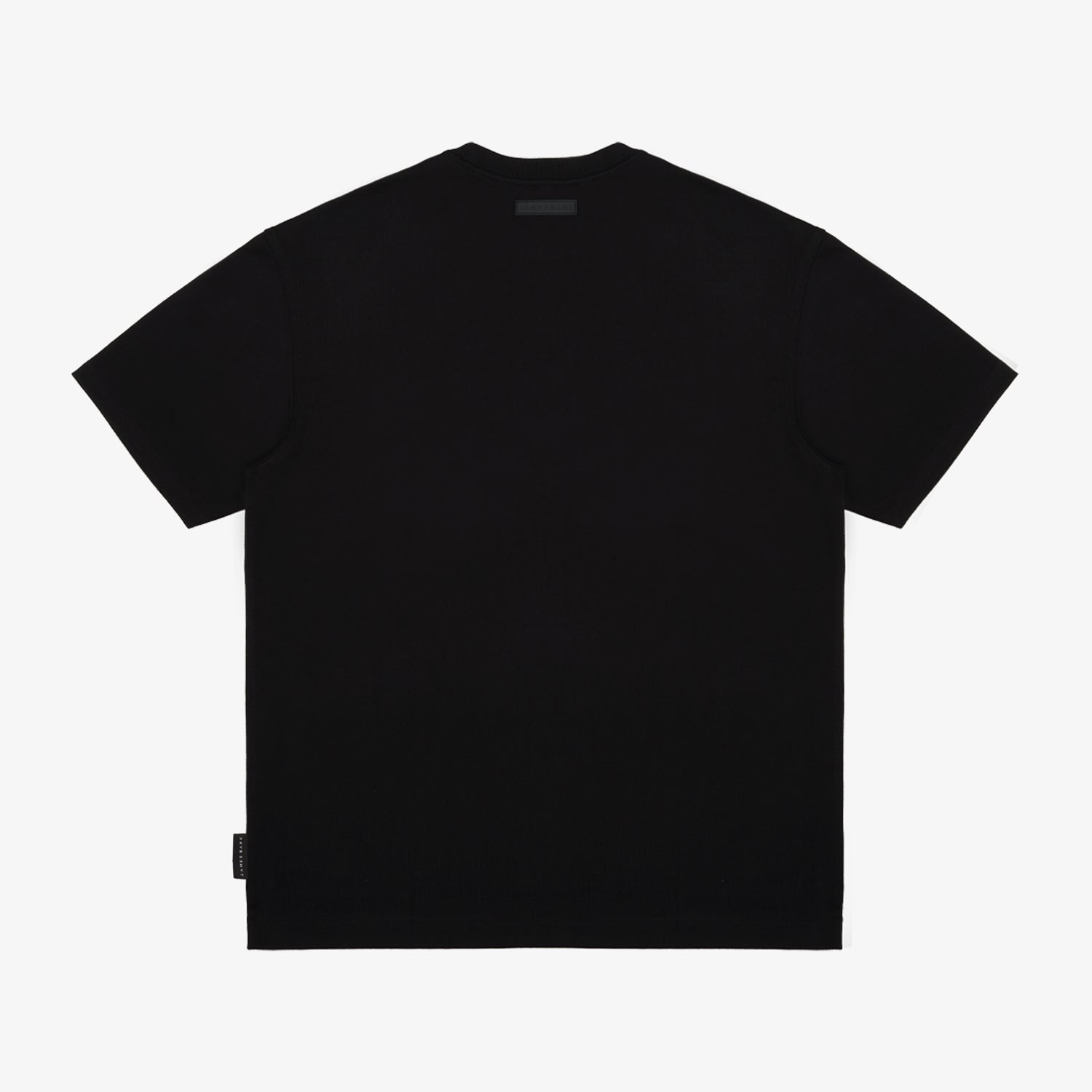 Back view of a black t-shirt on a white background