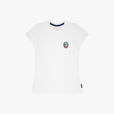 A white T-shirt, featuring a small circular multicolor graphic on the left chest and a dark navy inner collar trim