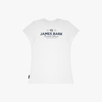 A white T-shirt with a dark navy graphic print on the chest reading 'JAMES BARK'