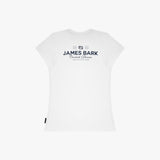 A white T-shirt with a dark navy graphic print on the chest reading 'JAMES BARK'