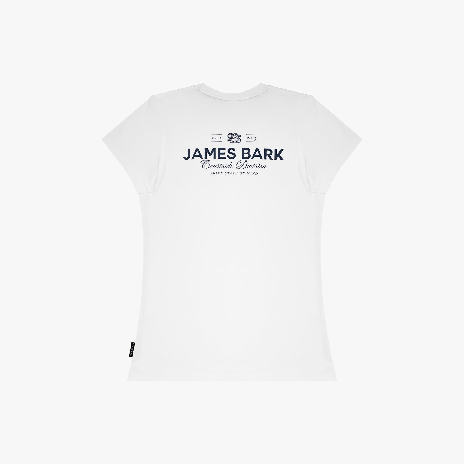 A white T-shirt with a dark navy graphic print on the chest reading 'JAMES BARK'