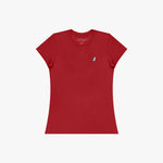Red t-shirt with a small logo on a white background