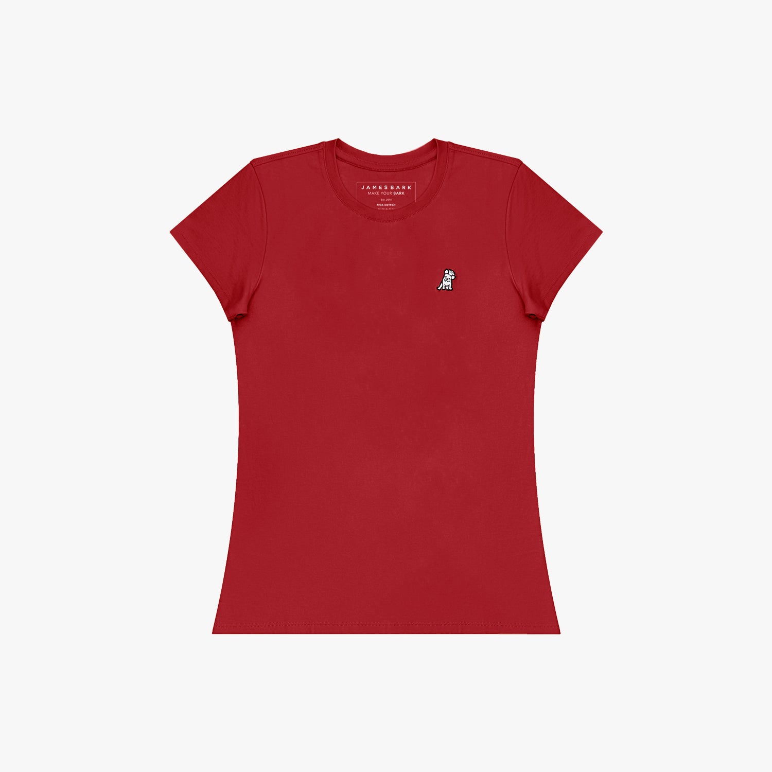 Red t-shirt with a small logo on a white background
