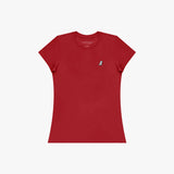 Red t-shirt with a small logo on a white background