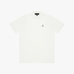 A short-sleeve polo shirt in off-white, featuring a small black embroidered logo on the left chest and a black neck label, displayed flat against a light gray background.
