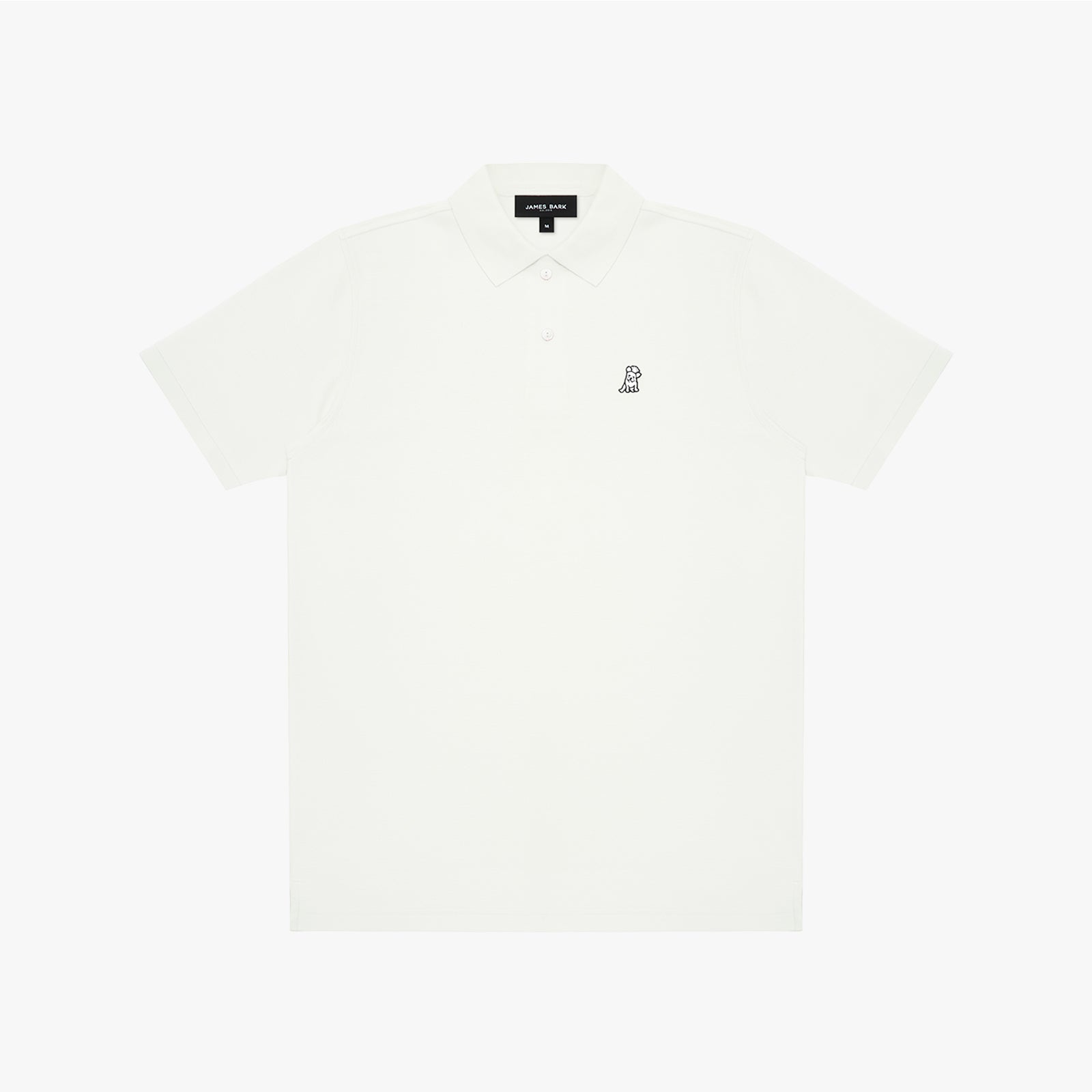 A short-sleeve polo shirt in off-white, featuring a small black embroidered logo on the left chest and a black neck label, displayed flat against a light gray background.