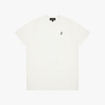 White t-shirt with a small logo on a white background