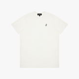 White t-shirt with a small logo on a white background