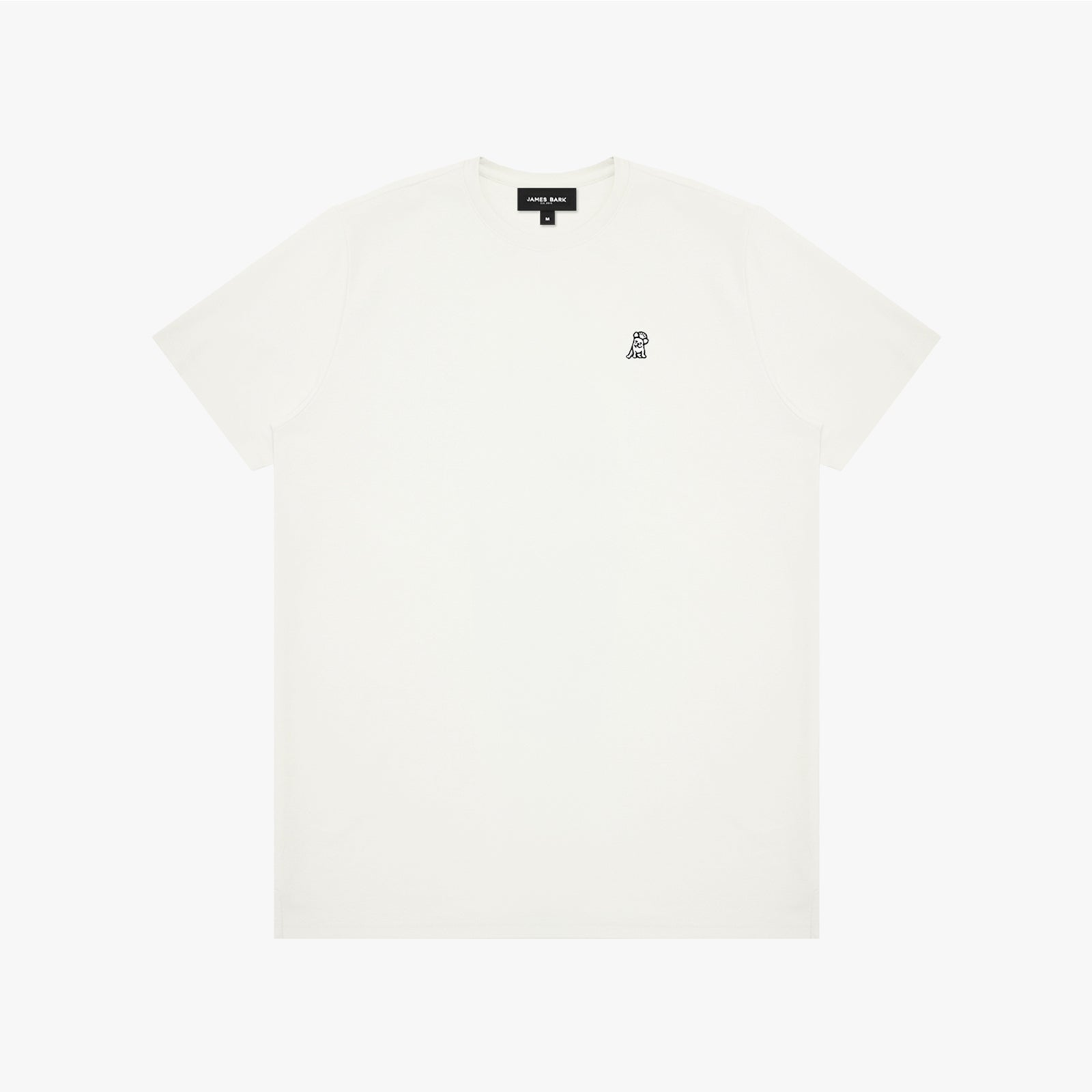 White t-shirt with a small logo on a white background
