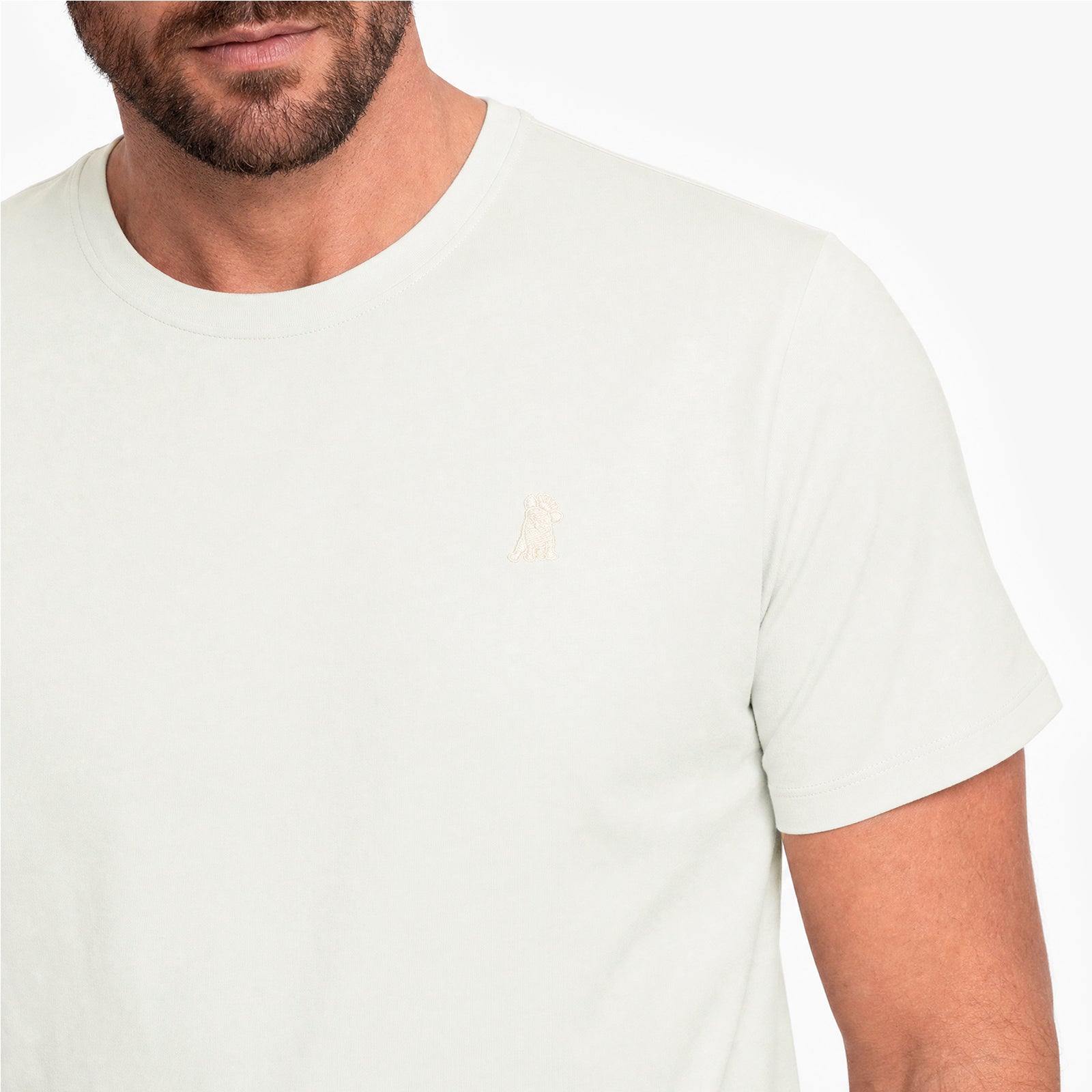 Man wearing a plain white t-shirt on a white background