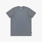 Gray t-shirt with a small logo on a white background