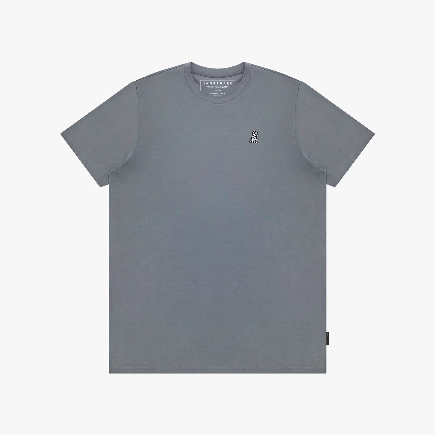 Gray t-shirt with a small logo on a white background