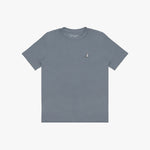 A slate blue-gray short-sleeve crewneck t-shirt with a small white embroidered dog logo on the left chest, displayed flat