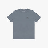 A slate blue-gray short-sleeve crewneck t-shirt with a small white embroidered dog logo on the left chest, displayed flat