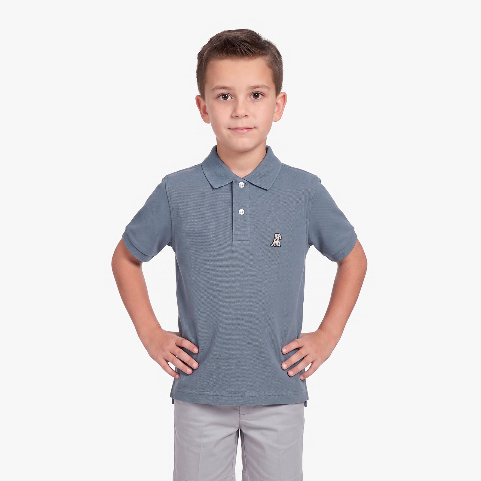 A young boy modeling a slate blue polo shirt with a small embroidered dog logo on the chest, paired with light gray pants, against a plain white background.
