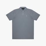 A gray polo shirt with a small embroidered logo on the left chest, displayed flat against a light gray background.