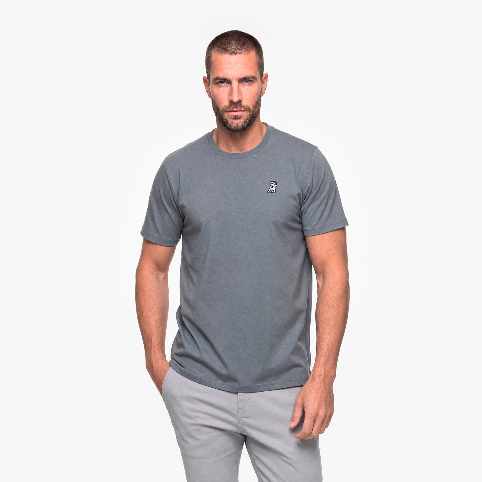 Man wearing a gray t-shirt with a small logo on a white background