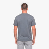 Back view of a man wearing a gray t-shirt on a white background