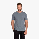 Man wearing a gray t-shirt on a white background