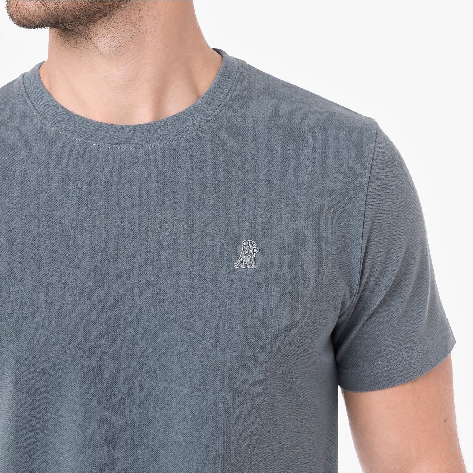 A close-up of a man wearing a slate gray crew-neck t-shirt with a small white embroidered dog logo