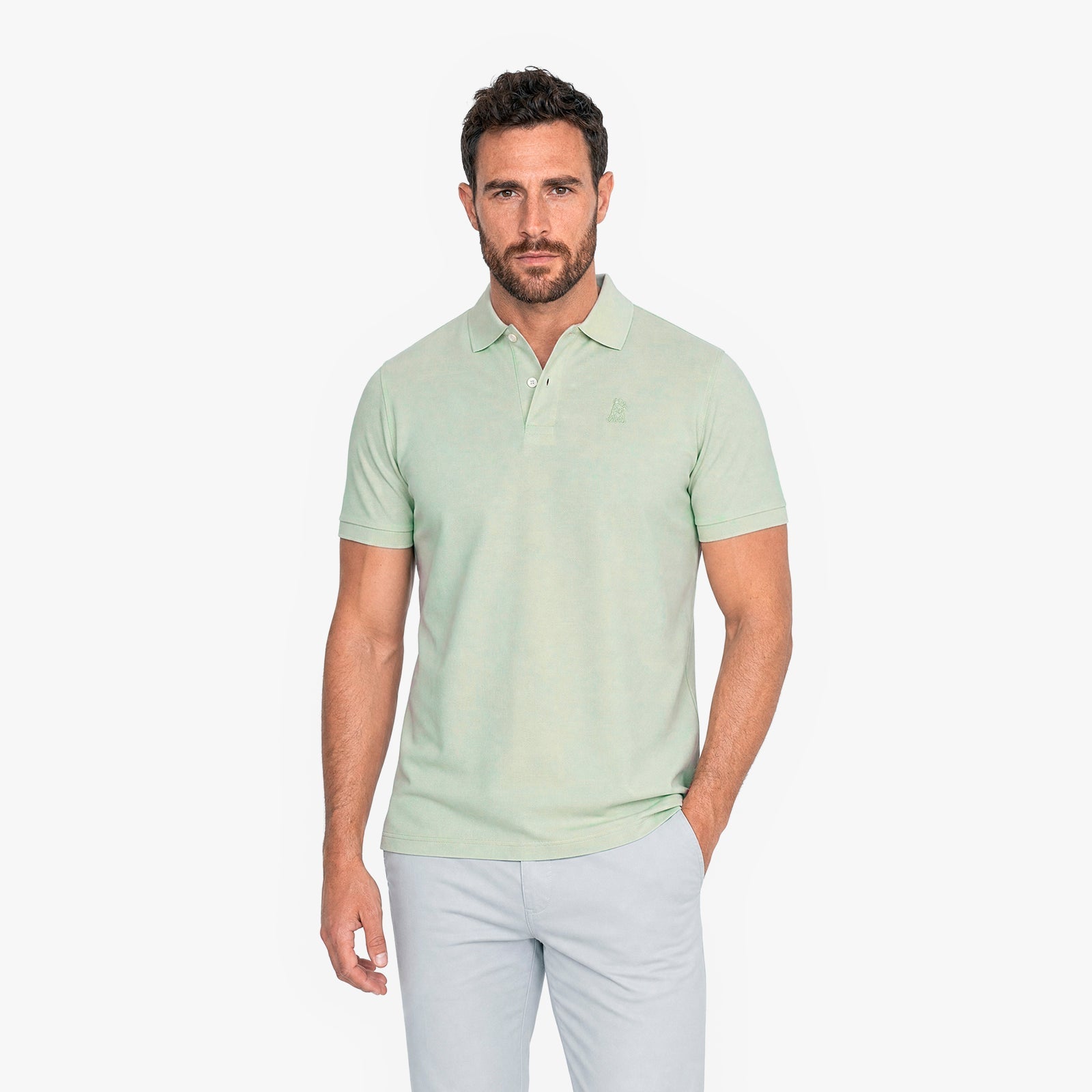 Man wearing a light green polo on a white background