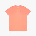 Coral t-shirt with a small logo on a white background