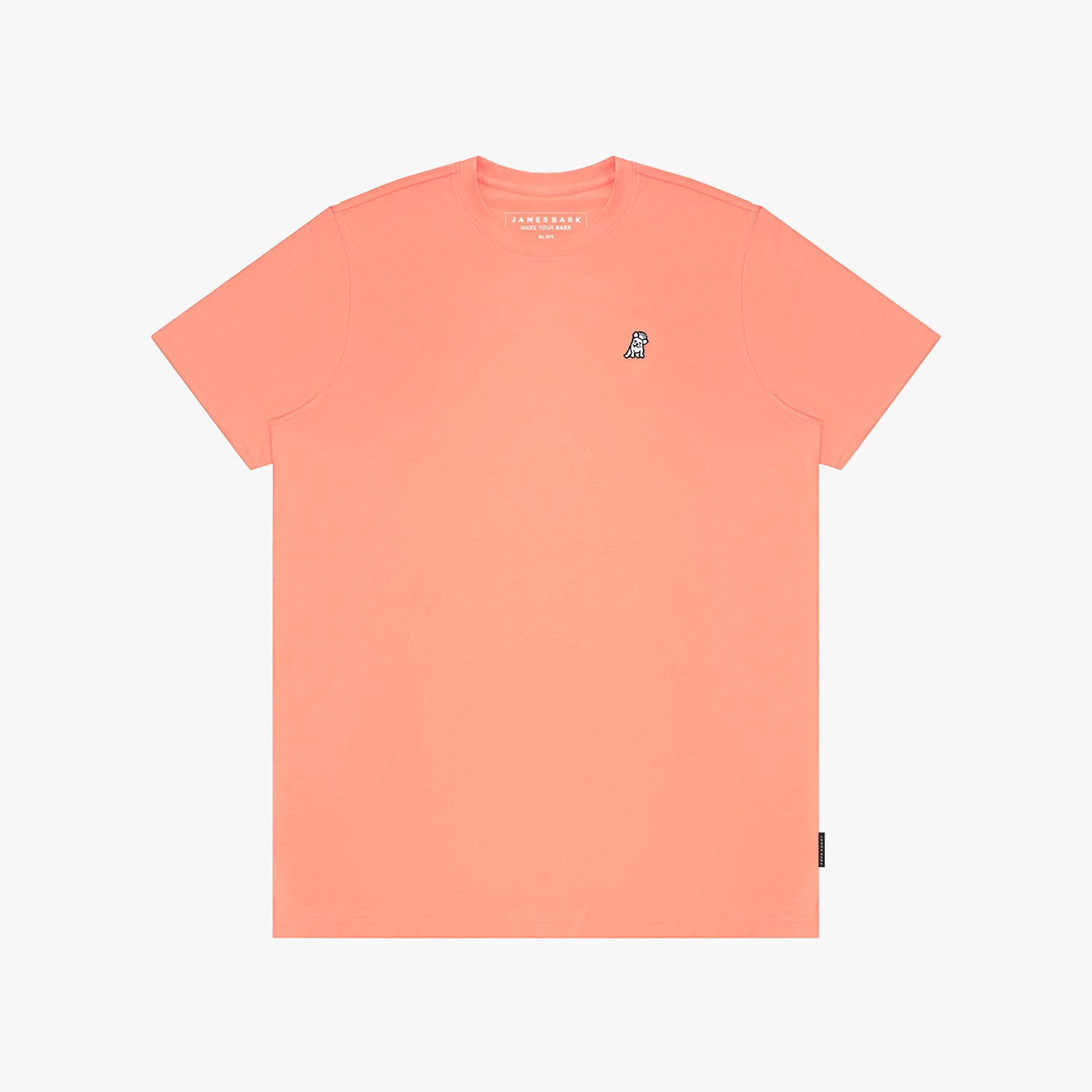 Coral t-shirt with a small logo on a white background