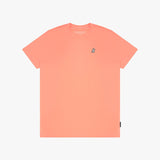 Coral t-shirt with a small logo on a white background