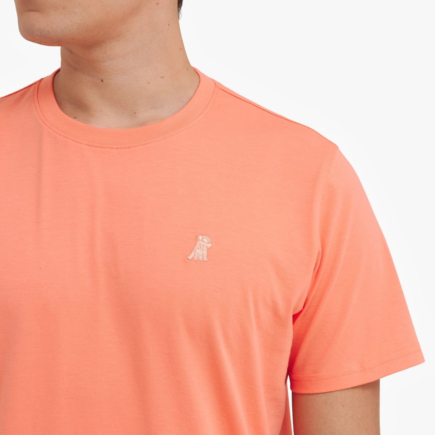 Close-up of a man wearing an orange t-shirt with a small logo on a white background
