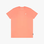 Coral t-shirt with a small logo on a white background