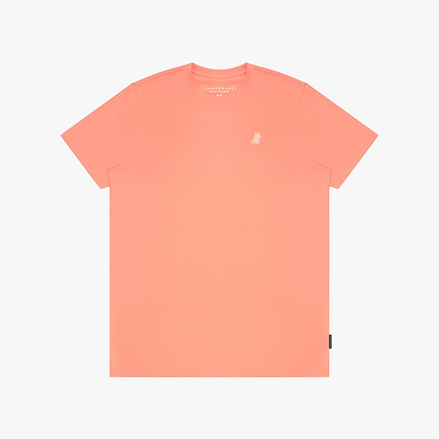 Coral t-shirt with a small logo on a white background