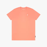 Coral t-shirt with a small logo on a white background