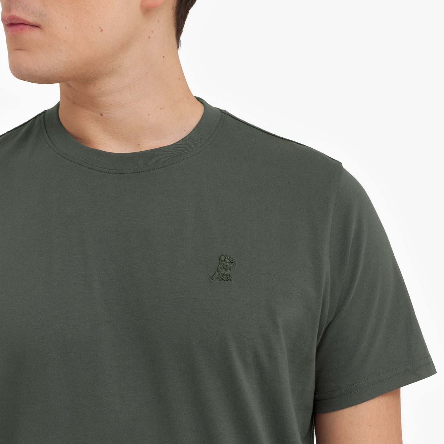 Close-up of a person wearing a green t-shirt with a small logo on a white background