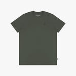 Green t-shirt with a small logo on a white background