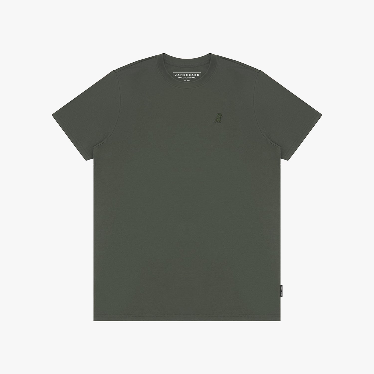 Green t-shirt with a small logo on a white background