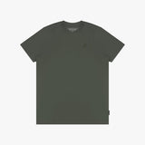 Green t-shirt with a small logo on a white background