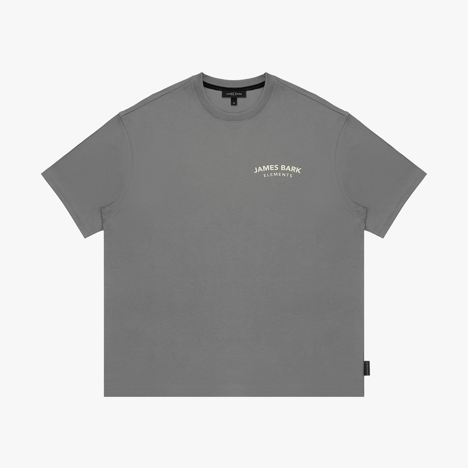 Front view of a gray t-shirt laid flat, showing the small logo on the chest