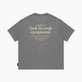 Back view of a gray t-shirt laid flat, featuring the large "Seek the truly exceptional" text graphic