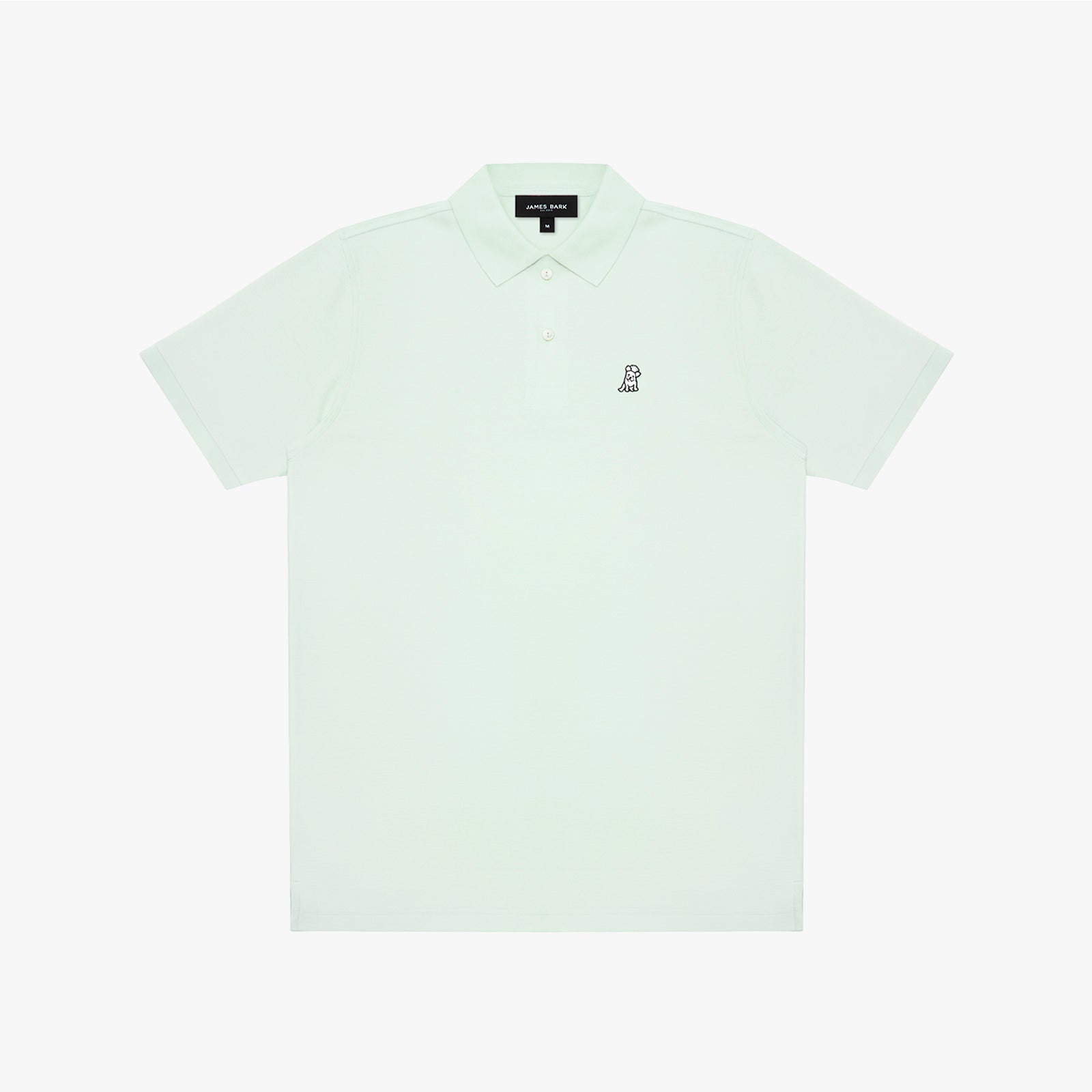 A light mint green polo shirt with a small black embroidered logo on the chest, displayed flat against a clean white background.