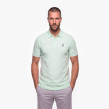 Man wearing a light green polo shirt on a white background
