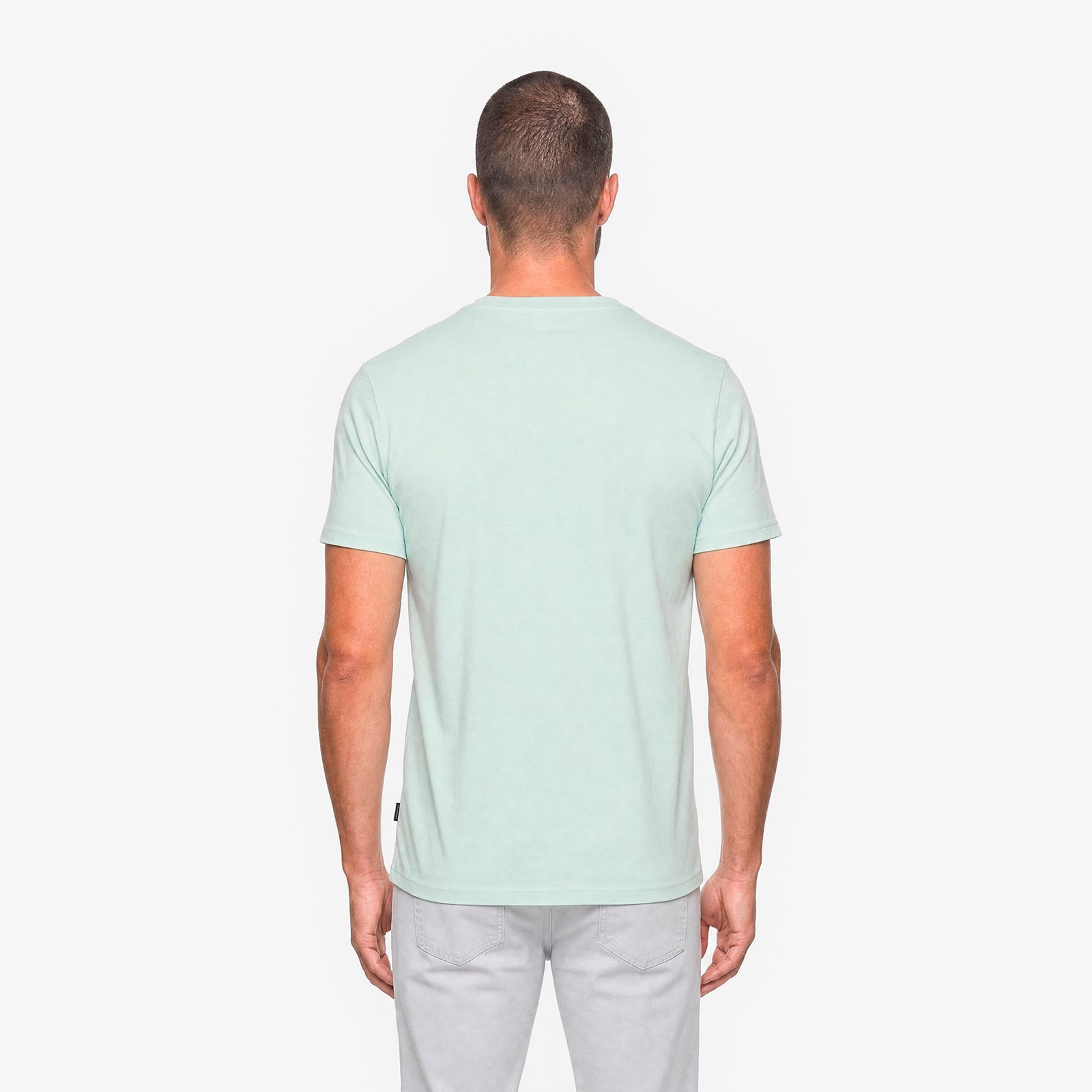 Man wearing a light green t-shirt on a white background