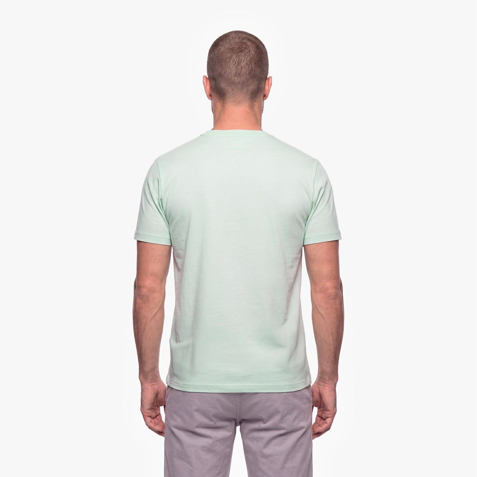 Man wearing a light green t-shirt on a white background