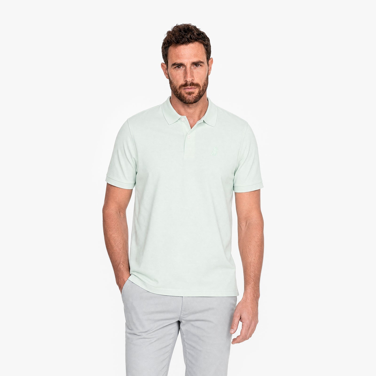 Man wearing a light green polo on a white background