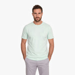 Man wearing a light green t-shirt and gray pants on a white background
