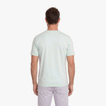 Back view of a man wearing a light green t-shirt