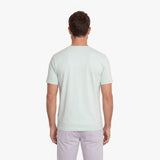 Back view of a man wearing a light green t-shirt