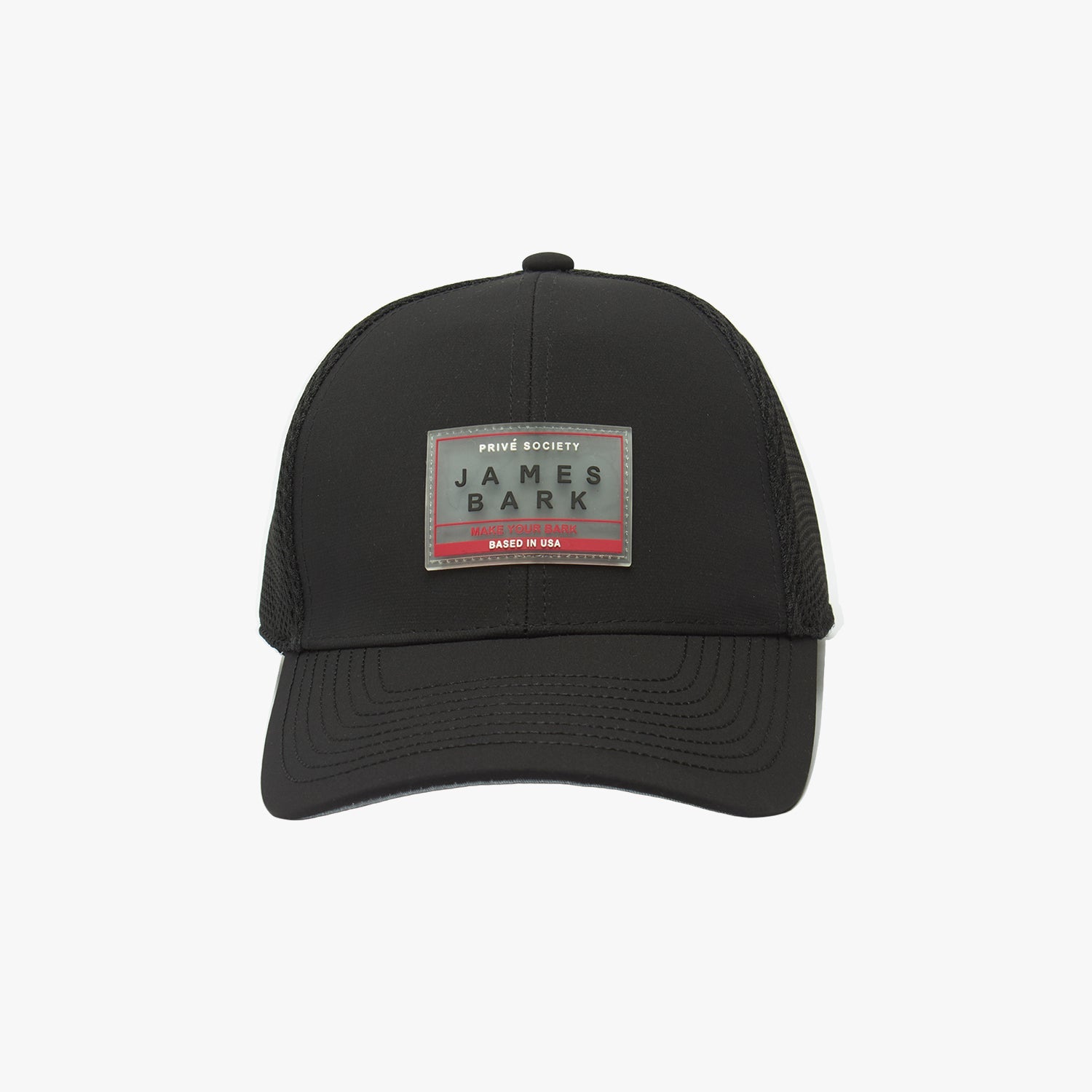 Black cap with a 'James Bark' logo on a white background