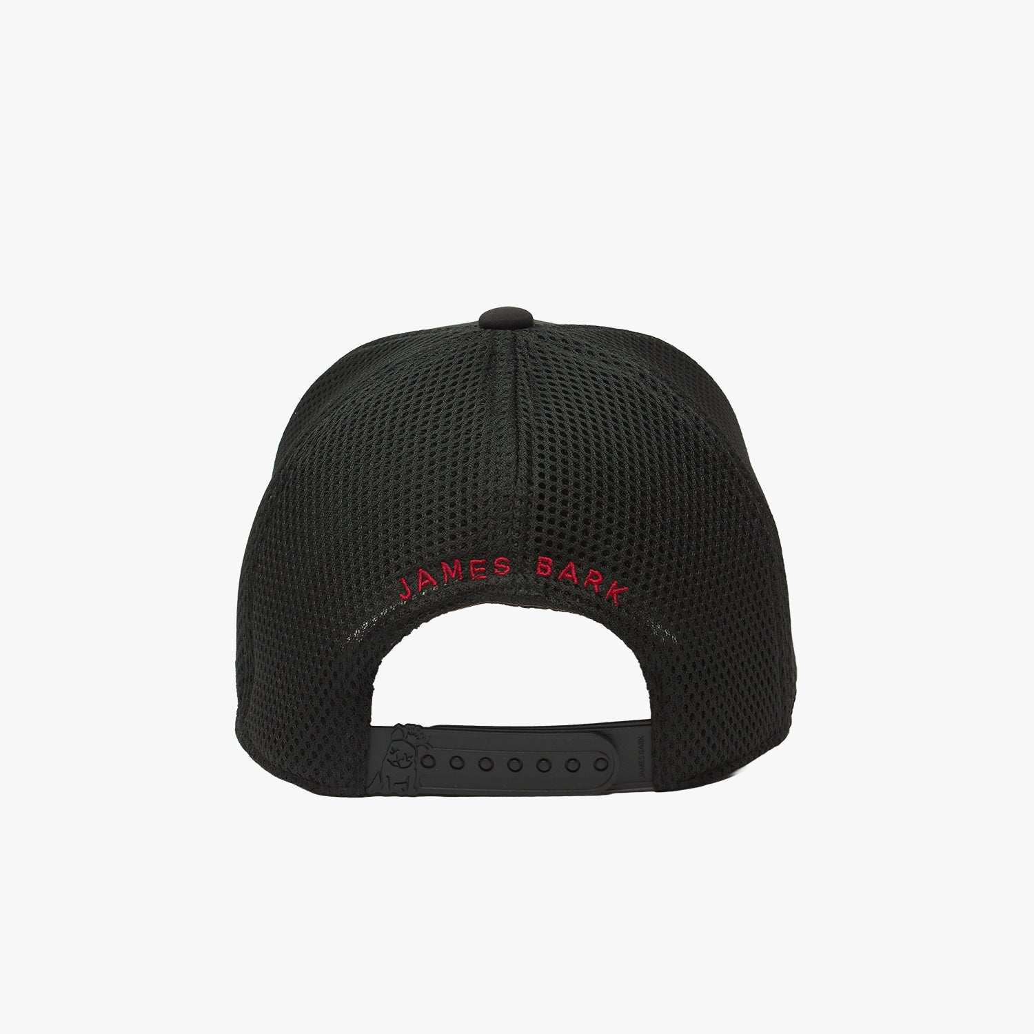 Back view of a black mesh cap with 'James Bark' logo on a white background