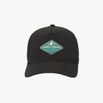 Black cap with a teal logo on a white background