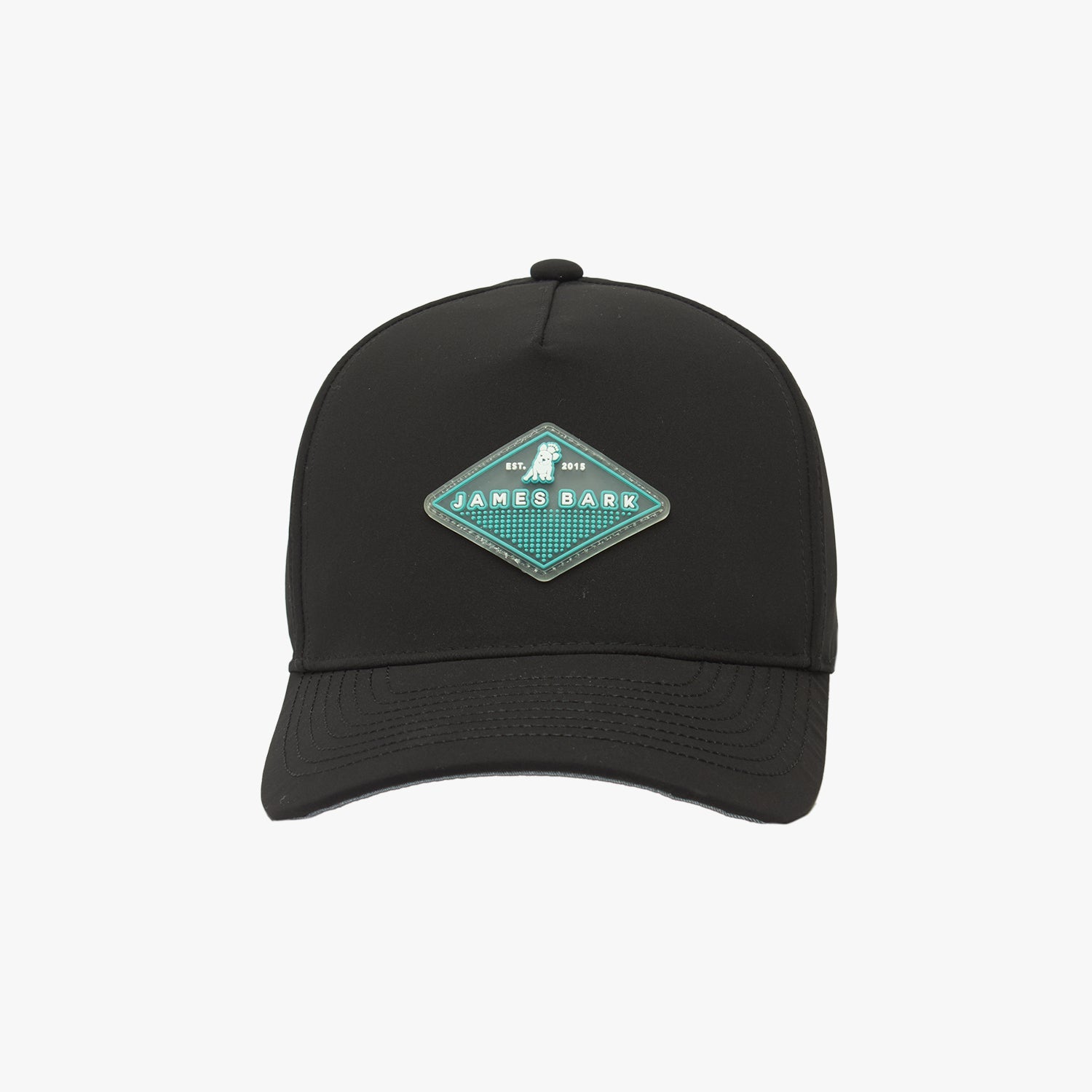 Black cap with a teal logo on a white background